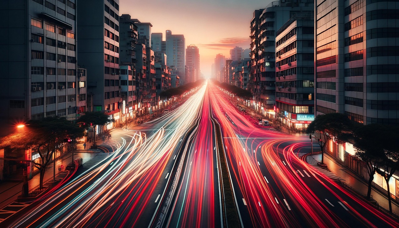 Viel befahrene Straße bei Nacht